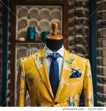 Elegant yellow men's suit on a mannequin. 122731803