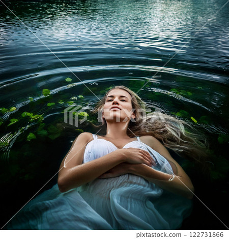 Woman relaxing by a beautiful lake 122731866