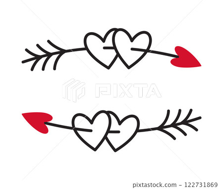 Two stylized hearts pierced by arrow doodle flat style. Symbol of love, Valentines Day 122731869