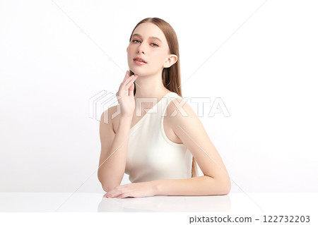 Beautiful young woman with clean fresh skin on white background, Face care, Facial treatment, Cosmetology, beauty and spa, women portrait. 122732203