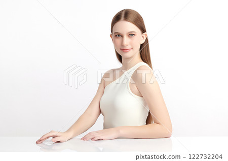Beautiful young woman with clean fresh skin on white background, Face care, Facial treatment, Cosmetology, beauty and spa, women portrait. Beautiful young woman with clean fresh skin on white background, Face care, Facial treatment, Cosmetology, beauty and spa, women portrait. 122732204