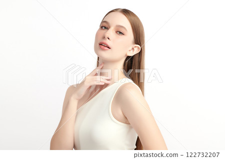 Beautiful young woman with clean fresh skin on white background, Face care, Facial treatment, Cosmetology, beauty and spa, women portrait. 122732207