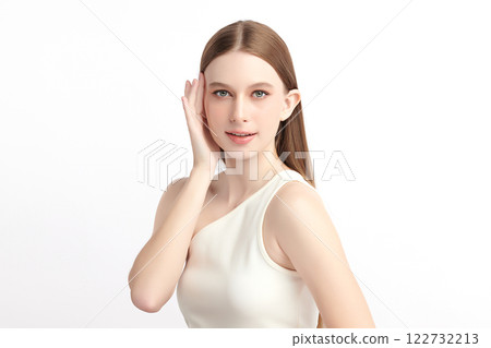 Beautiful young woman with clean fresh skin on white background, Face care, Facial treatment, Cosmetology, beauty and spa, women portrait. 122732213