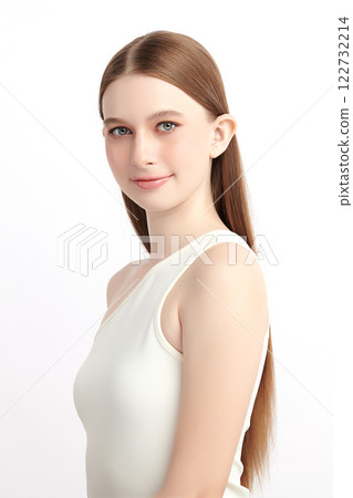 Beautiful young woman with clean fresh skin on white background, Face care, Facial treatment, Cosmetology, beauty and spa, women portrait. 122732214