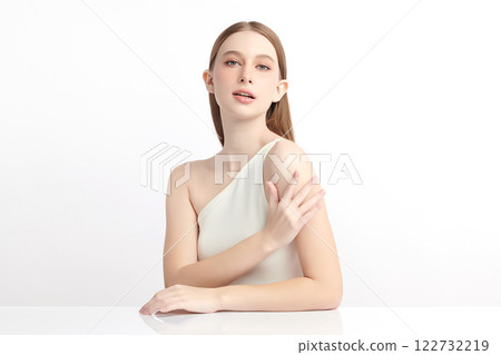 Beautiful young woman with clean fresh skin on white background, Face care, Facial treatment, Cosmetology, beauty and spa, women portrait. 122732219