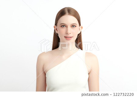 Beautiful young woman with clean fresh skin on white background, Face care, Facial treatment, Cosmetology, beauty and spa, women portrait. 122732220