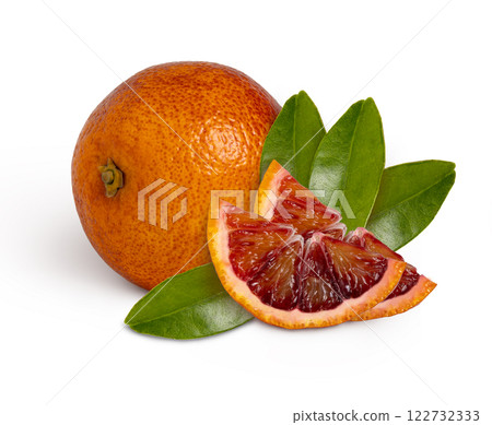Sicilian red blood ripe orange, isolated. Orange and two slices 122732333
