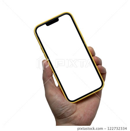 Hand holding smart phone in yellow case. Mockup and screen. Transparent and Clipping Path isolated for Infographic, Business, Web site, design, app 122732334