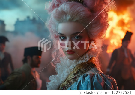 Marie antoinette posing with fire in background during french revolution Marie antoinette posing with fire in background during french revolution 122732581
