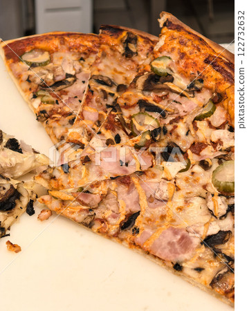 Delicious pizza with toppings enjoyed during a casual gathering at home 122732632