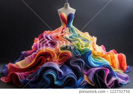 Wonderful multicolored dress flowing on mannequin, rainbow gown fashion design 122732750