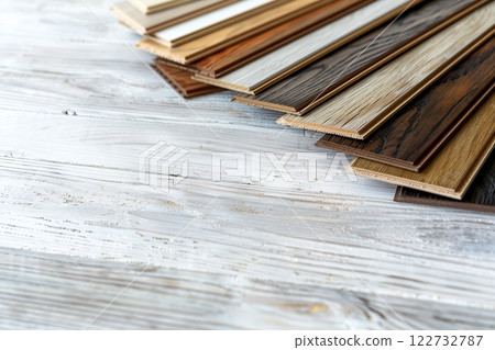 Laminate samples. Production of vinyl, veneer material floors. Home Decor Floor Samples. Parquet with wood pattern texture for flooring interior design. Wood chipboard. Construction finishing, advert 122732787