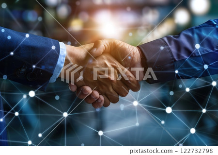 Handshake for teamwork of business merger and acquisition, successful negotiate. Hand shake, two businessman shake hand with partner to celebration partnership deal. Network effects for tech industry 122732798