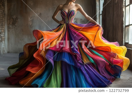 Fashion model wearing colorful rainbow dress in abandoned building 122732799