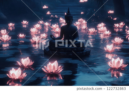 Buddha statue meditating peacefully surrounded by floating lotus flowers at night 122732863