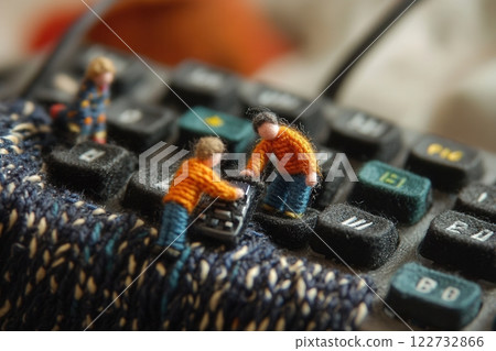 Miniature knitted people working on a calculator keyboard 122732866
