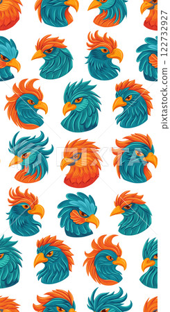 Vector seamless fairytale pattern with blue bird on white background. Texture with parrot in cartoon fantasy style. Textile with hand drawn macaws Vector seamless fairytale pattern with blue bird on white background. Texture with parrot in cartoon fantasy style. Textile with hand drawn macaws 122732927