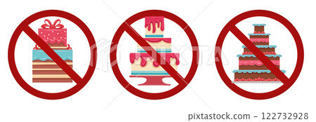 Vector collection with cakes in prohibition signs. Allergy danger. Sugar-free diet. Set of sweets in forbidden signs. Vector collection with cakes in prohibition signs. Allergy danger. Sugar-free diet. Set of sweets in forbidden signs. 122732928