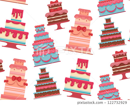 Seamless vector pattern with wedding cakes. Colorful and festive design for bakery packaging, party invitations, fabric. Cute and detailed flat style. 122732929