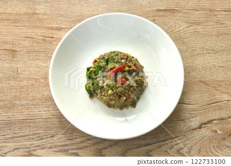 mashed spicy and sour eggplant salad Thai eastern style food on plate mashed spicy and sour eggplant salad Thai eastern style food on plate 122733100