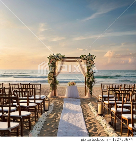 Romantic beach wedding setup with floral arch. Romantic beach wedding setup with floral arch. 122733674