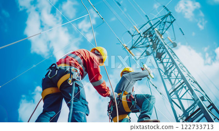 Engineering working on High-voltage tower, Check the information on paper. 122733713