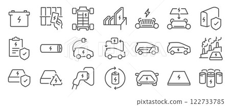 Car battery icon set. It includes electric, charge, electric car, ev, renewable, and more icons. Editable Vector Stroke. 122733785