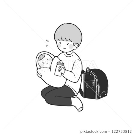 Young Carer Monochrome illustration of a child taking care of a baby 122733812