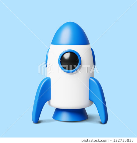 Blue and white cute 3d cartoon rocket with round window and wings on light blue backdrop. For ideas of startups, innovation, technology, space travel, success, business growth. 3d vector illustration. 122733833