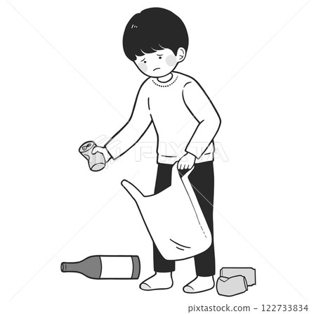 年輕護理員 孩子在室內撿空罐子的單色插圖 122733834