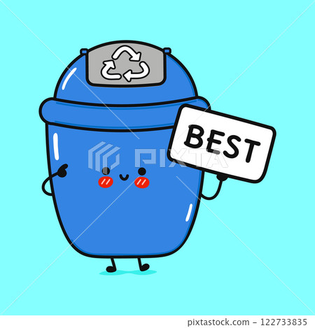 Cute Blue Recycling Bin character holding a best sign. Vector hand drawn cartoon kawaii character illustration icon. Isolated on blue background. Playful Blue Trash Can Cartoon 122733835