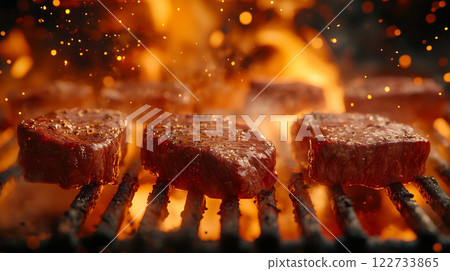 Juicy beef steaks sizzling on grill with fragrant spices and fresh vegetables 122733865