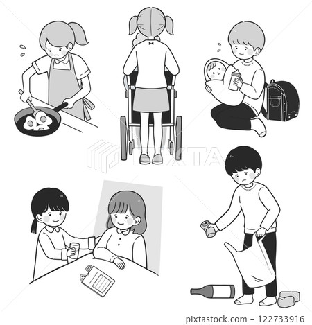 社會問題 每天做家事和照顧家人的年輕護理人員的單色插圖集 122733916