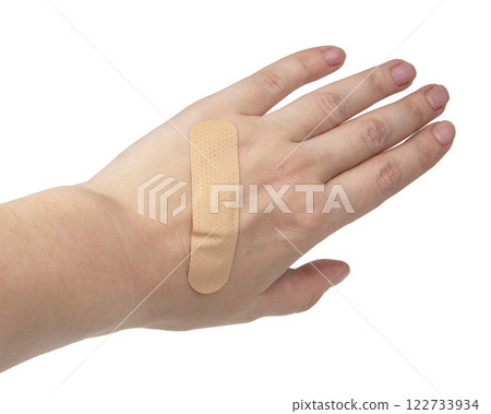 Medical patch plaster on woman hand isolated on the white background Medical patch plaster on woman hand isolated on the white background 122733934