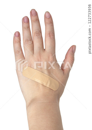 Medical patch plaster on woman hand isolated on the white background 122733936