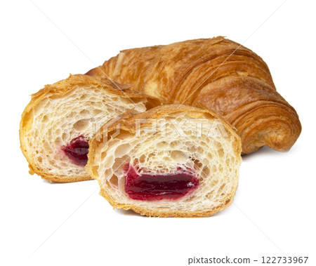 French croissant with cherry jam filling isolated on the white background French croissant with cherry jam filling isolated on the white background 122733967