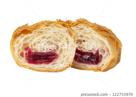 French croissant with cherry jam filling isolated on the white background French croissant with cherry jam filling isolated on the white background 122733970