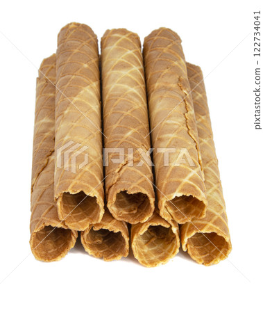 Wafer crispy stick tube isolated on the white background Wafer crispy stick tube isolated on the white background 122734041