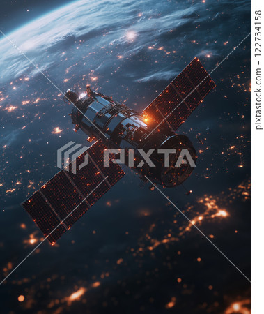 Futuristic quantum satellite with luminous solar panels orbiting Earth Futuristic quantum satellite with luminous solar panels orbiting Earth 122734158