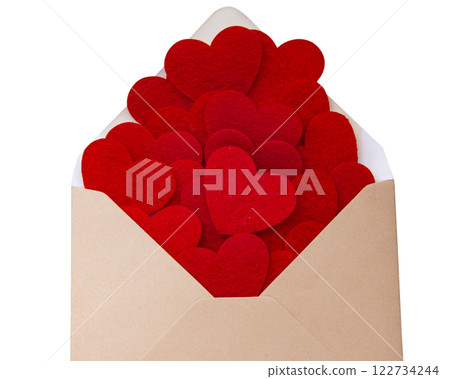 Brown craft envelope with felt hearts filling isolated on the white 122734244