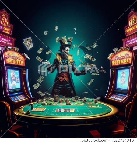 Magician in the casino. In the Gambling Hall there is a illusionist surrounded by money. Magician in the casino. In the Gambling Hall there is a illusionist surrounded by money. 122734319