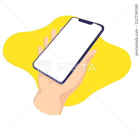 Digital device held in hand against a bright yellow background highlighting technology use Digital device held in hand against a bright yellow background highlighting technology use 122734398