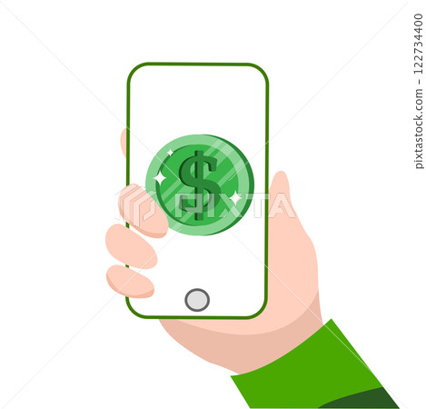 Hand holding smartphone displaying dollar symbol representing digital currency transaction 122734400
