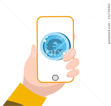 Transaction is taking place on a mobile device showing a euro symbol 122734403