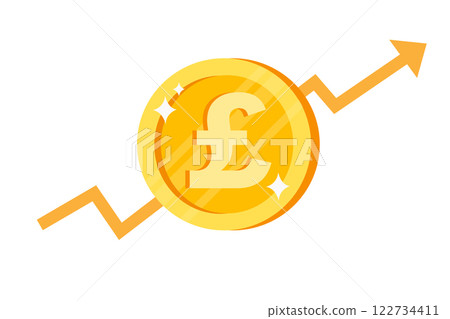 Currency symbol on a gold coin with growth arrow indicating rise in value Currency symbol on a gold coin with growth arrow indicating rise in value 122734411