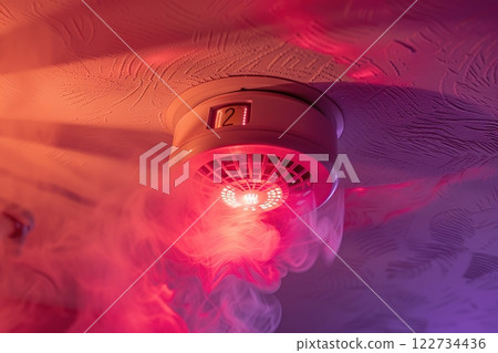 Fire Alarm, Smoke Detector, Fire Detector in Action. Safety Device Installed at Ceiling. Smart Home Security System in Hotel, Apartment Room, Office. For Service Engineering Company Site, Advertising. 122734436