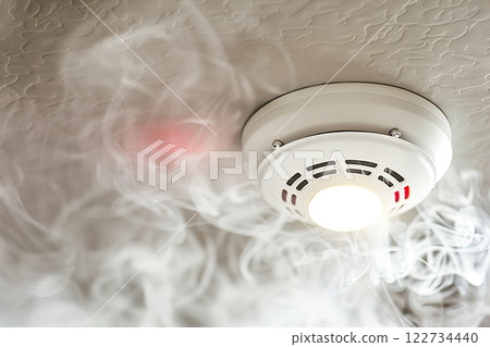 Fire Alarm, Smoke Detector, Fire Detector in Action. Safety Device Installed at Ceiling. Smart Home Security System in Hotel, Apartment Room, Office. For Service Engineering Company Site, Advertising. 122734440