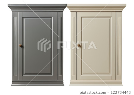 Cabinet door samples in market in a row. Gray and beige Kitchen wooden cabinet door, brass handles, furniture isolated on white. Chic look in the room. Trendy interior units. Home improvement concept. 122734443
