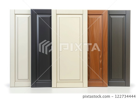 Various Wood Finish Samples Dark and Light Cabinets. Diverse wooden finishes applied in cabinetry. Cabinet door in a row. Furniture isolated on white. Trendy interior units. Home improvement concept. Various Wood Finish Samples Dark and Light Cabinets. Diverse wooden finishes applied in cabinetry. Cabinet door in a row. Furniture isolated on white. Trendy interior units. Home improvement concept. 122734444