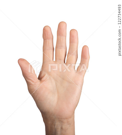 Elderly woman's open hand, fingers spread, high five gesture, wrinkled skin, closeup detail, body 122734493